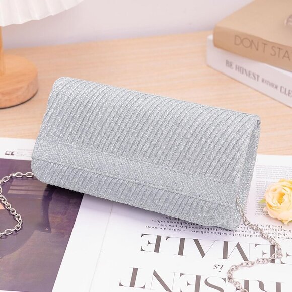 🆕Elegant Evening Clutch Purse for Women Silver Satin with Chain Strap for Party - Picture 7 of 7